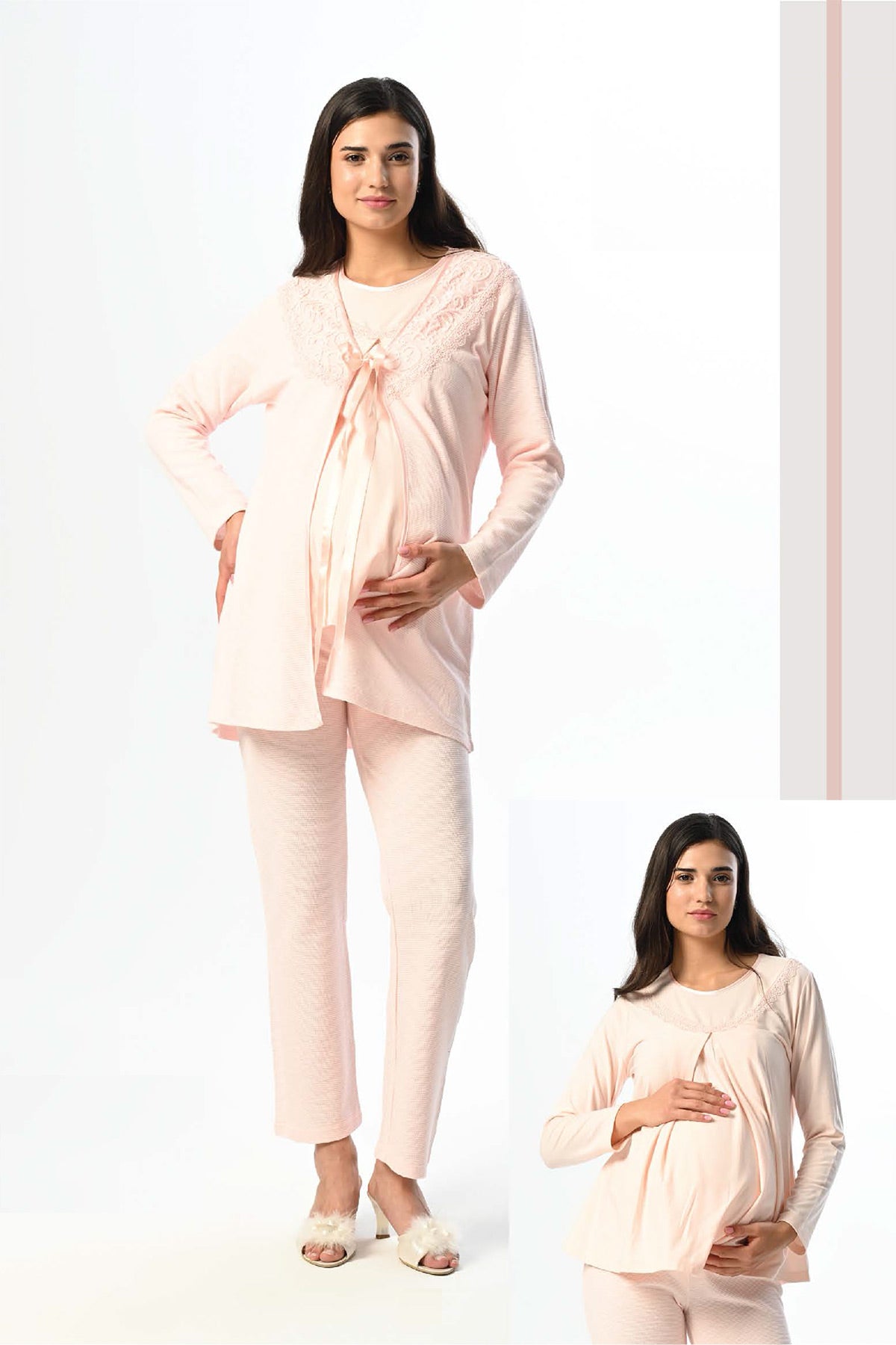 Lacy Collar 3-Piece Maternity Feeding-Friendly Pajama & Robe Set Pink - N22371