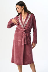 Lace Collar Maternity-Nursing Nightgown & Velvet Robe Set Powder - 22516