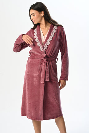 Lace Collar Maternity-Nursing Nightgown & Velvet Robe Set Powder - 22516