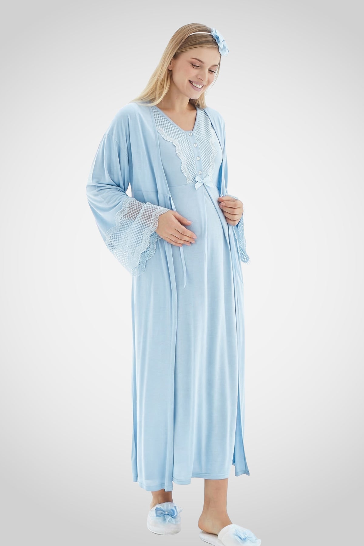 Lace Detailed Maternity-Nursing Nightgown & Flywheel Arm Robe Set Blue - 2269