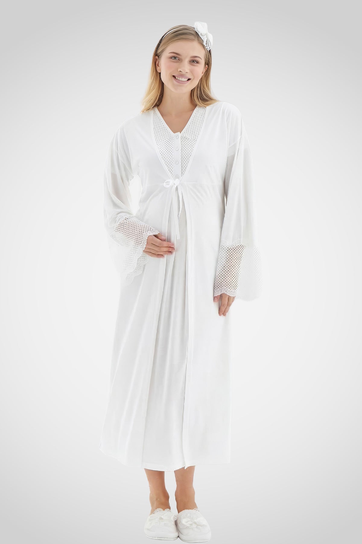 Lace Detailed Maternity-Nursing Nightgown & Flywheel Arm Robe Set Ecru - 2269
