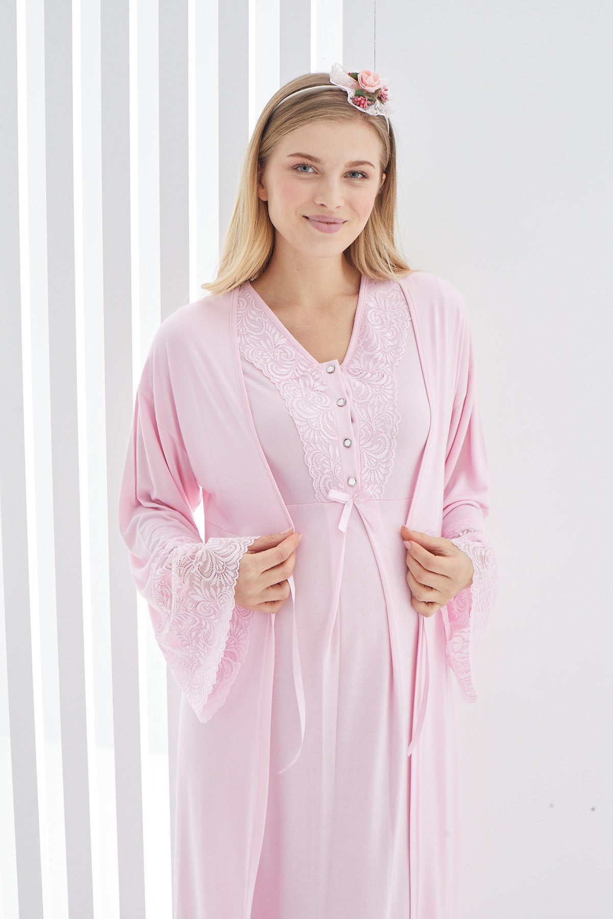 Lace Flywheel Arm Maternity-Nursing Nightgown & Robe Set Pink - 2269