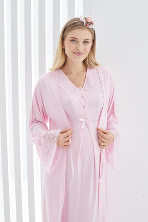 Lace Flywheel Arm Maternity-Nursing Nightgown & Robe Set Pink - 2269