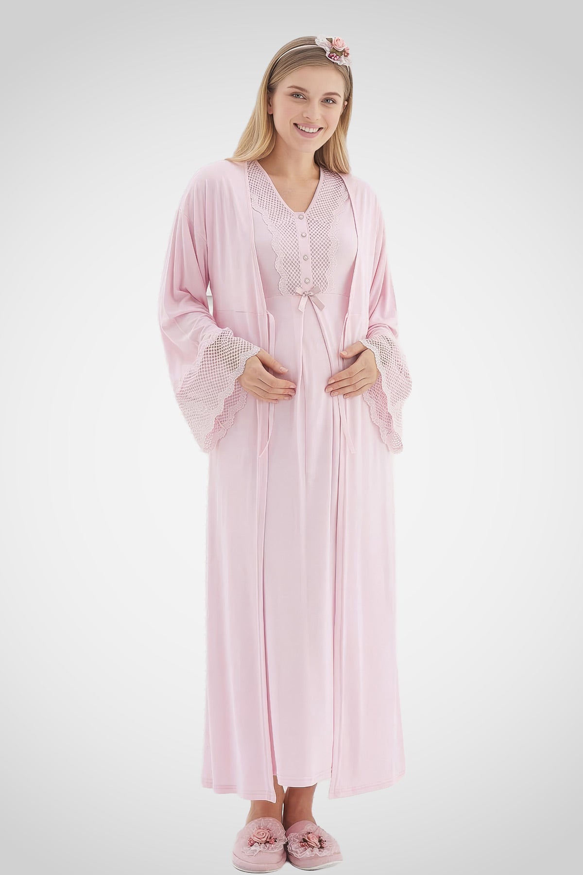 Lace Detailed Maternity-Nursing Nightgown & Flywheel Arm Robe Set Pink - 2269