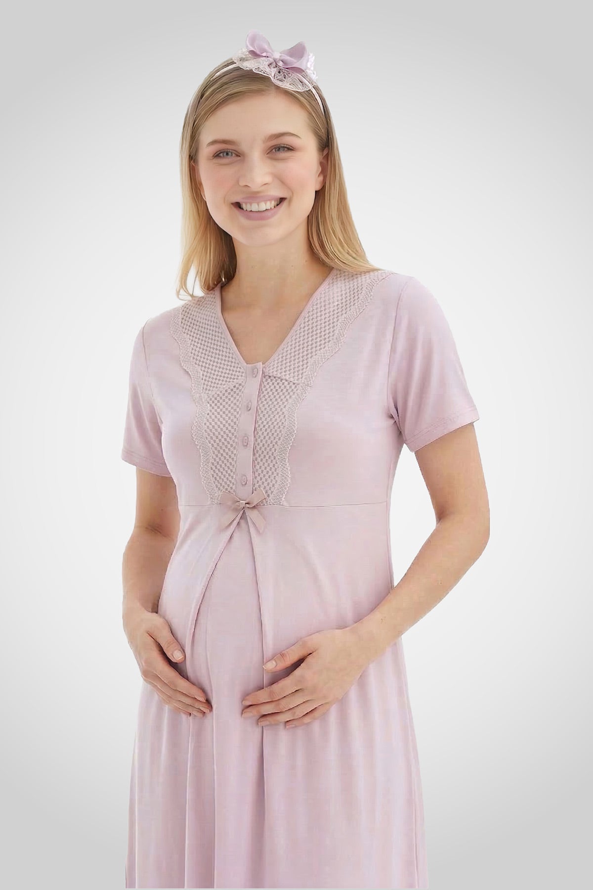 Lace Detailed Maternity-Nursing Nightgown & Flywheel Arm Robe Set Powder - 2269