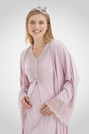 Lace Detailed Maternity-Nursing Nightgown & Flywheel Arm Robe Set Powder - 2269