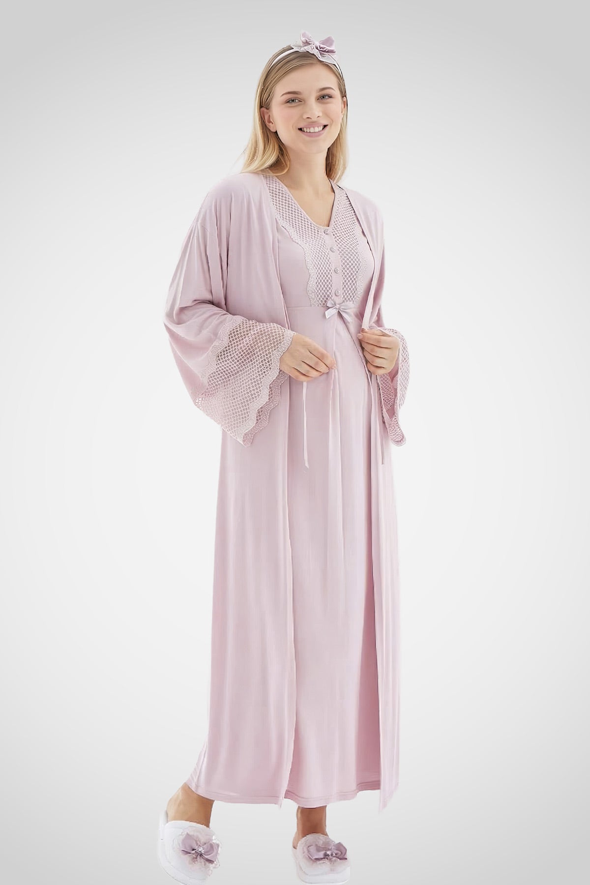 Lace Detailed Maternity-Nursing Nightgown & Flywheel Arm Robe Set Powder - 2269