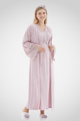 Lace Detailed Maternity-Nursing Nightgown & Flywheel Arm Robe Set Powder - 2269