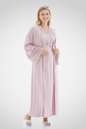 Lace Detailed Maternity-Nursing Nightgown & Flywheel Arm Robe Set Powder - 2269