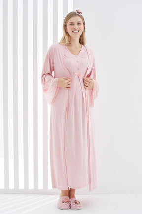 Lace Flywheel Arm Maternity-Nursing Nightgown & Robe Set Salmon - 2269
