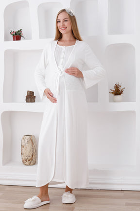 Flower Lace Maternity & Nursing Nightgown With Robe Ecru - 2281