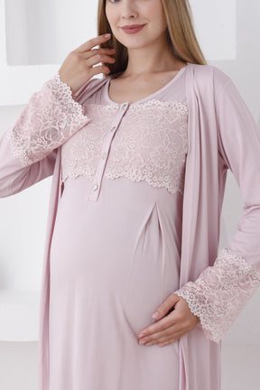 Lace Sleeve and Collar Maternity-Nursing Nightgown & Robe Set Powder - 2283