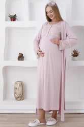 Lace Sleeve and Collar Maternity-Nursing Nightgown & Robe Set Powder - 2283