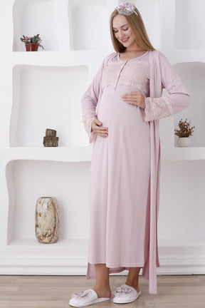 Lace Sleeve and Collar Maternity-Nursing Nightgown & Robe Set Powder - 2283
