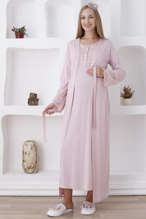 Lace Sleeve and Collar Maternity-Nursing Nightgown & Robe Set Powder - 2283