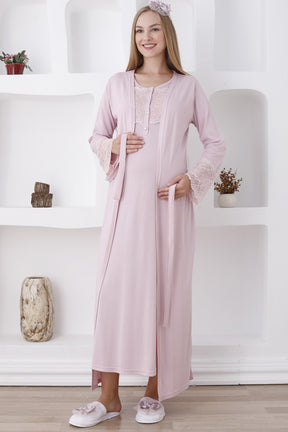 Lace Sleeve and Collar Maternity-Nursing Nightgown & Robe Set Powder - 2283