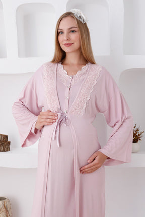 Lace Edge Maternity & Nursing Nightgown With Robe Powder - 2284
