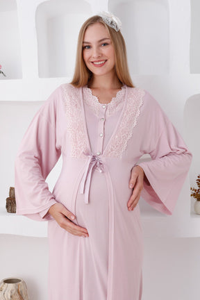 Lace Edge Maternity & Nursing Nightgown With Robe Powder - 2284