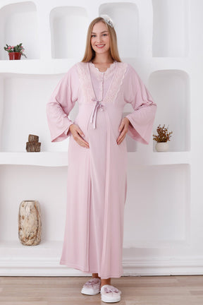 Lace Edge Maternity & Nursing Nightgown With Robe Powder - 2284