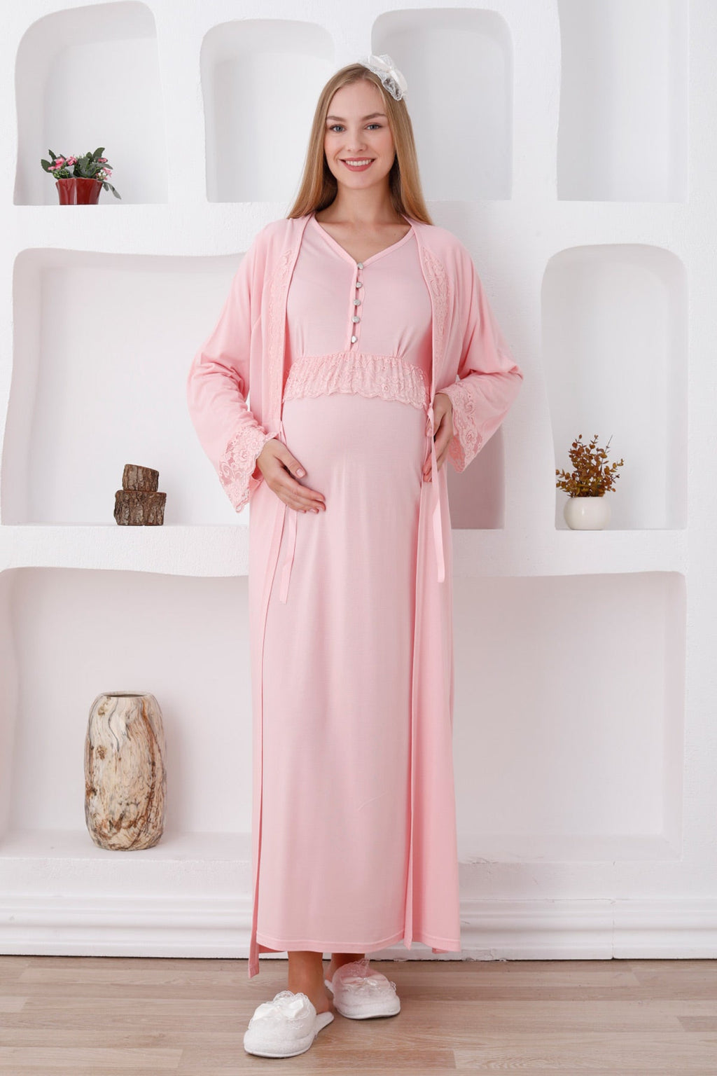 Lace Sleeve Maternity Feeding-Friendly Nightgown & Robe Set Salmon - Z2285