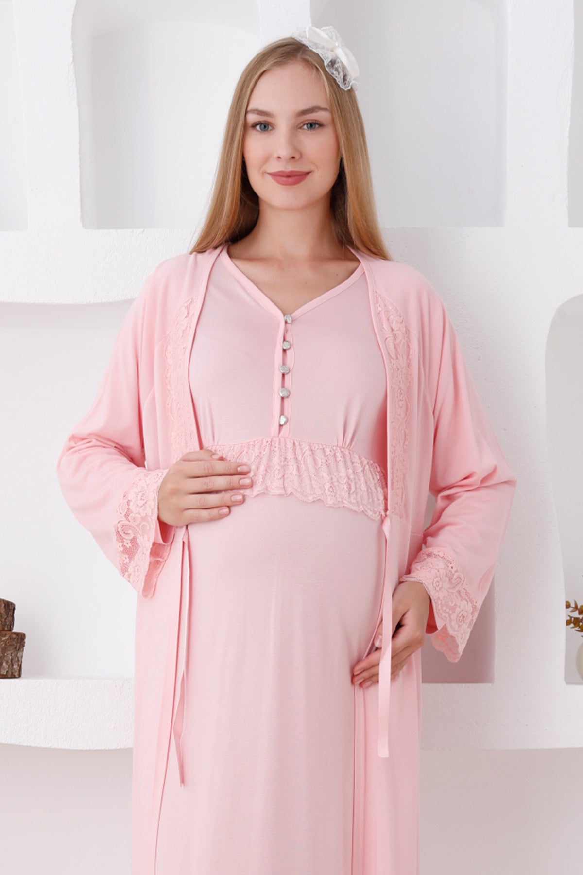Lace Sleeve Maternity Feeding-Friendly Nightgown & Robe Set Salmon - Z2285