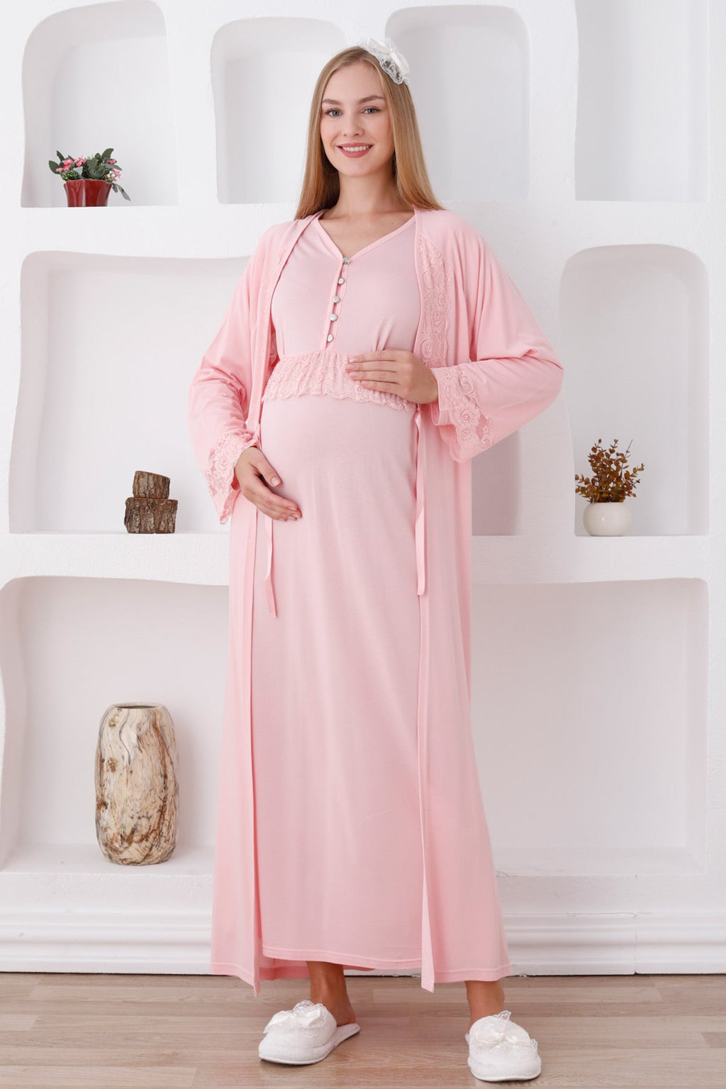 Lace Sleeve Maternity Feeding-Friendly Nightgown & Robe Set Salmon - Z2285