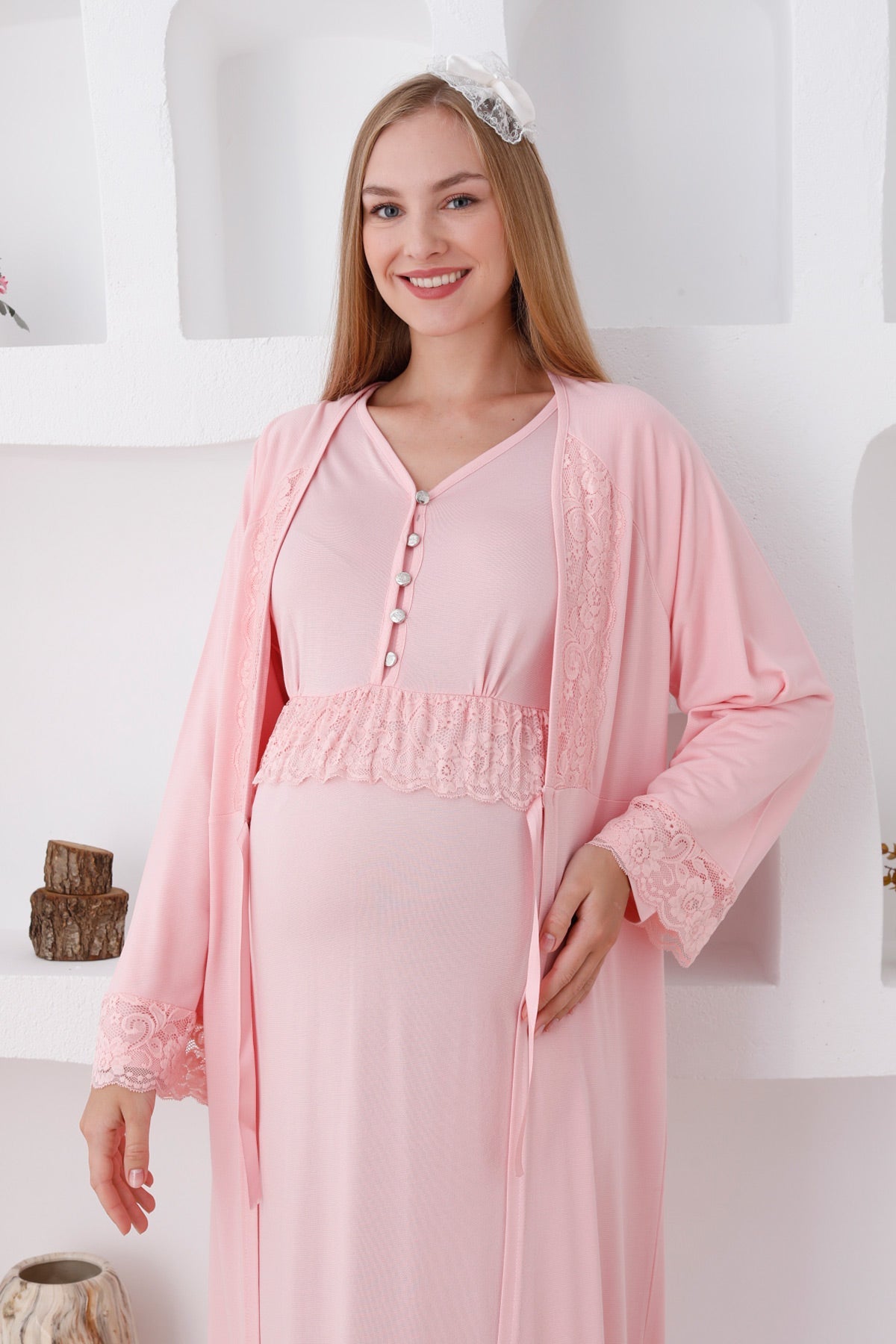 Lace Sleeve Maternity Feeding-Friendly Nightgown & Robe Set Salmon - Z2285