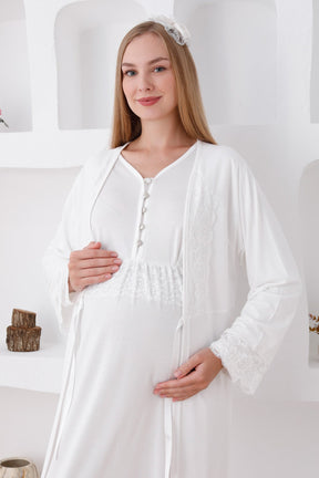 Lace Sleeve Maternity & Nursing Nightgown With Robe Ecru - 2285