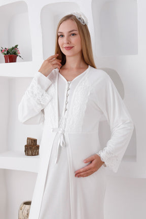 Lace Sleeve Maternity & Nursing Nightgown With Robe Ecru - 2285
