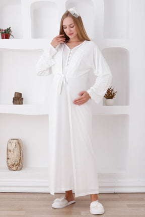 Lace Sleeve Maternity & Nursing Nightgown With Robe Ecru - 2285