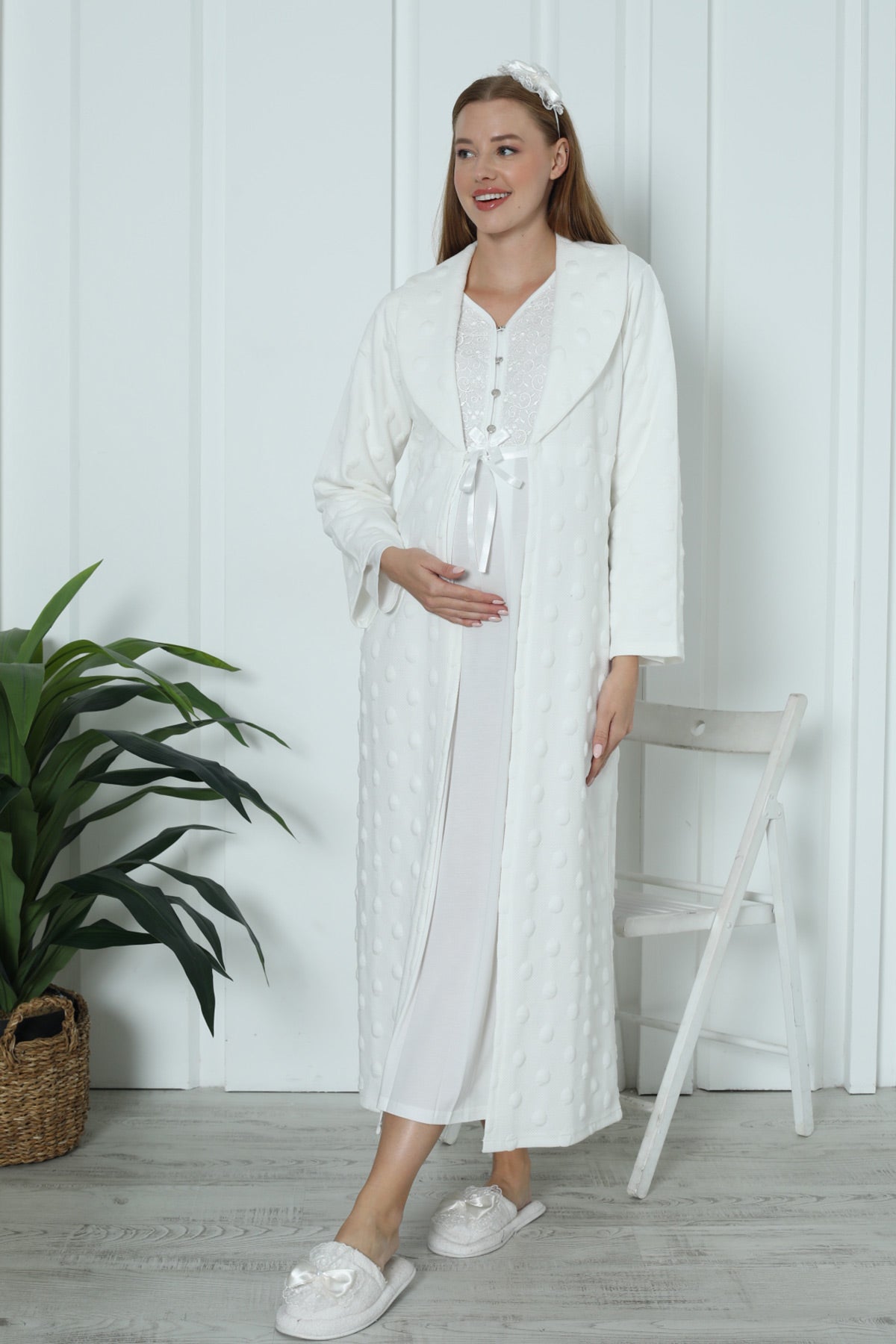 Lace Collar Maternity-Nursing Nightgown & Polka Dot Jacquard Robe Set Ecru - 2288