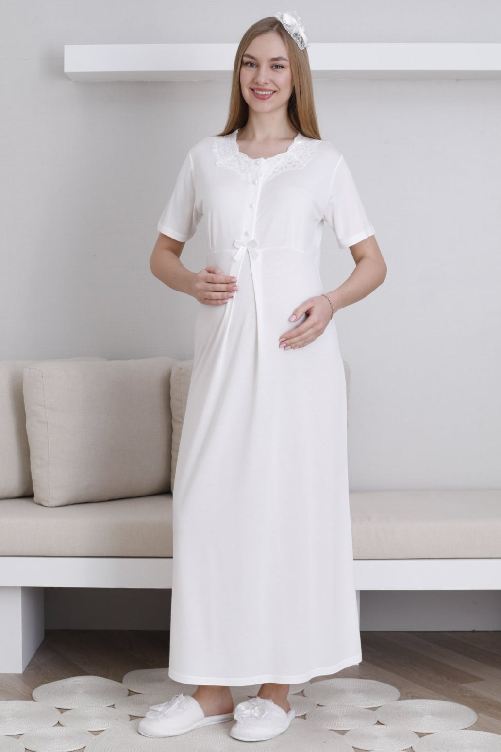 Lace Collar Maternity-Nursing Nightgown & Robe Set Ecru - 2292