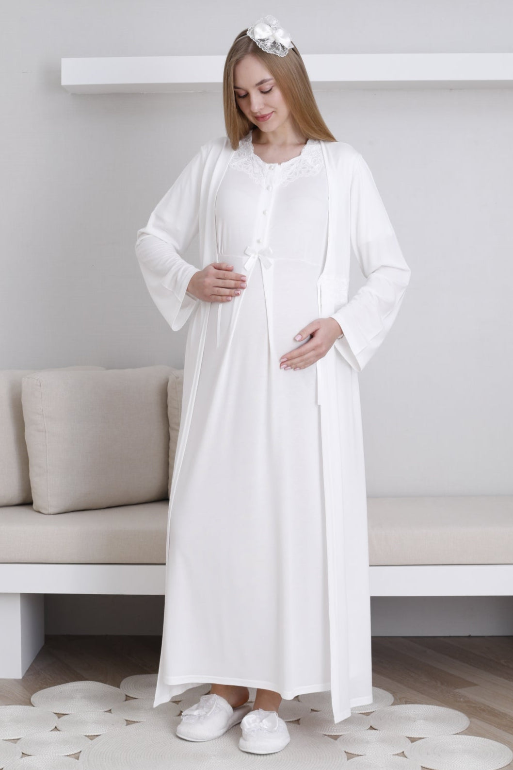 Lace Collar Maternity-Nursing Nightgown & Robe Set Ecru - 2292