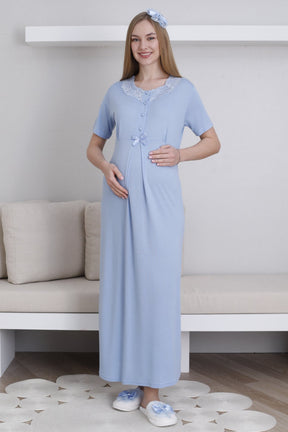 Lace Collar Maternity-Nursing Nightgown & Robe Set Blue - 2292