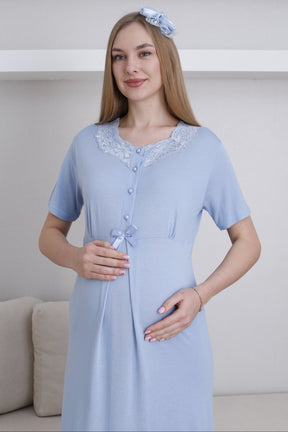 Lace Collar Maternity-Nursing Nightgown & Robe Set Blue - 2292