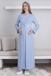 Lace Collar Maternity-Nursing Nightgown & Robe Set Blue - 2292