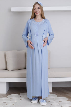 Lace Collar Maternity-Nursing Nightgown & Robe Set Blue - 2292