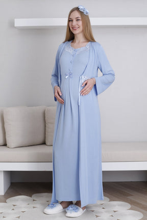 Lace Collar Maternity-Nursing Nightgown & Robe Set Blue - 2292