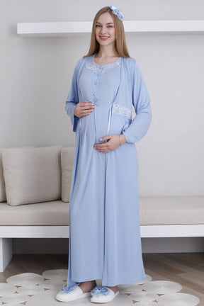 Lace Collar Maternity-Nursing Nightgown & Robe Set Blue - 2292