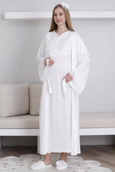 Lace Sleeve Maternity-Nursing Nightgown & Robe Set Ecru - 2293