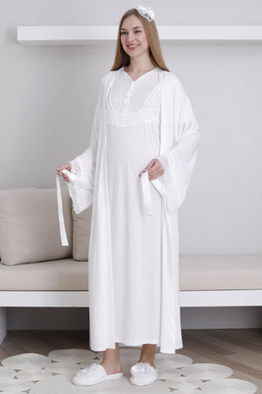 Lace Sleeve Maternity-Nursing Nightgown & Robe Set Ecru - 2293