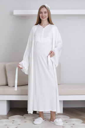 Lace Sleeve Maternity-Nursing Nightgown & Robe Set Ecru - 2293