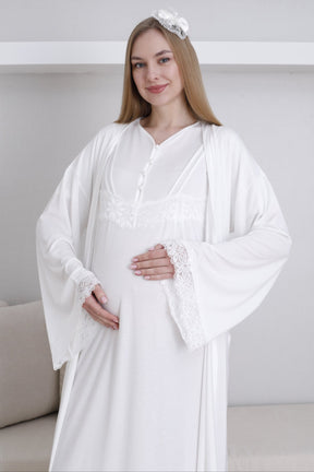 Lace Sleeve Maternity-Nursing Nightgown & Robe Set Ecru - 2293