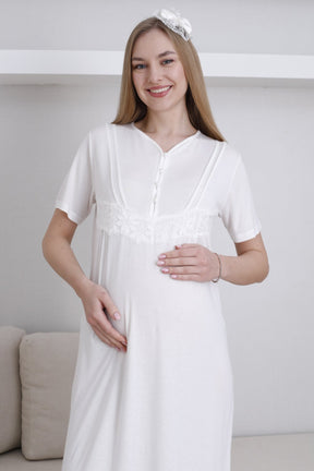 Lace Sleeve Maternity-Nursing Nightgown & Robe Set Ecru - 2293