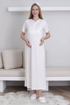 Lace Sleeve Maternity-Nursing Nightgown & Robe Set Ecru - 2293