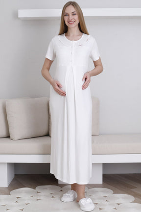 Lace Collar Maternity-Nursing Nightgown & Patterned Robe Set Ecru - 2294