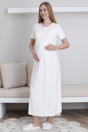 Lace Collar Maternity-Nursing Nightgown & Patterned Robe Set Ecru - 2294