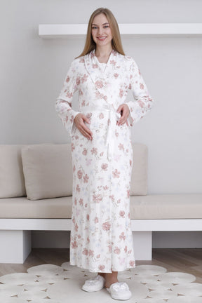 Lace Collar Maternity-Nursing Nightgown & Patterned Robe Set Ecru - 2294