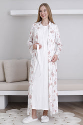 Lace Collar Maternity-Nursing Nightgown & Patterned Robe Set Ecru - 2294