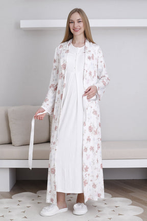 Lace Collar Maternity-Nursing Nightgown & Patterned Robe Set Ecru - 2294